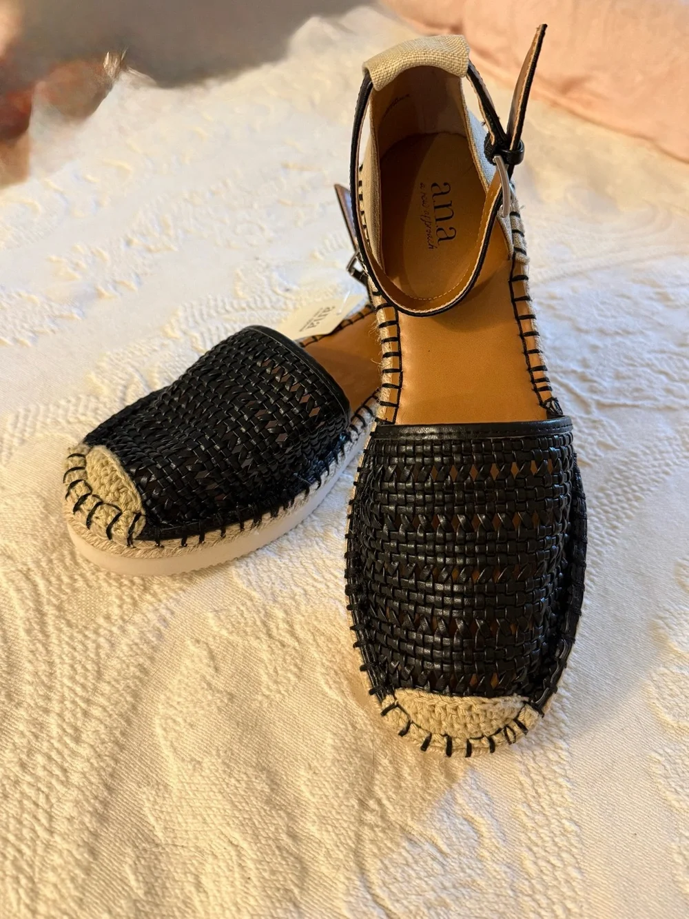 ana Black Woven Espadrille Flats with Ankle Strap